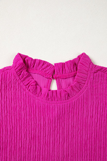Rose Red Solid Color Textured Ruffle Trim Short Sleeve Blouse