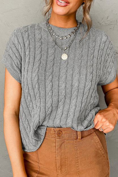 Gray Crew Neck Cable Knit Short Sleeve Sweater - Chic Meadow Boutique 