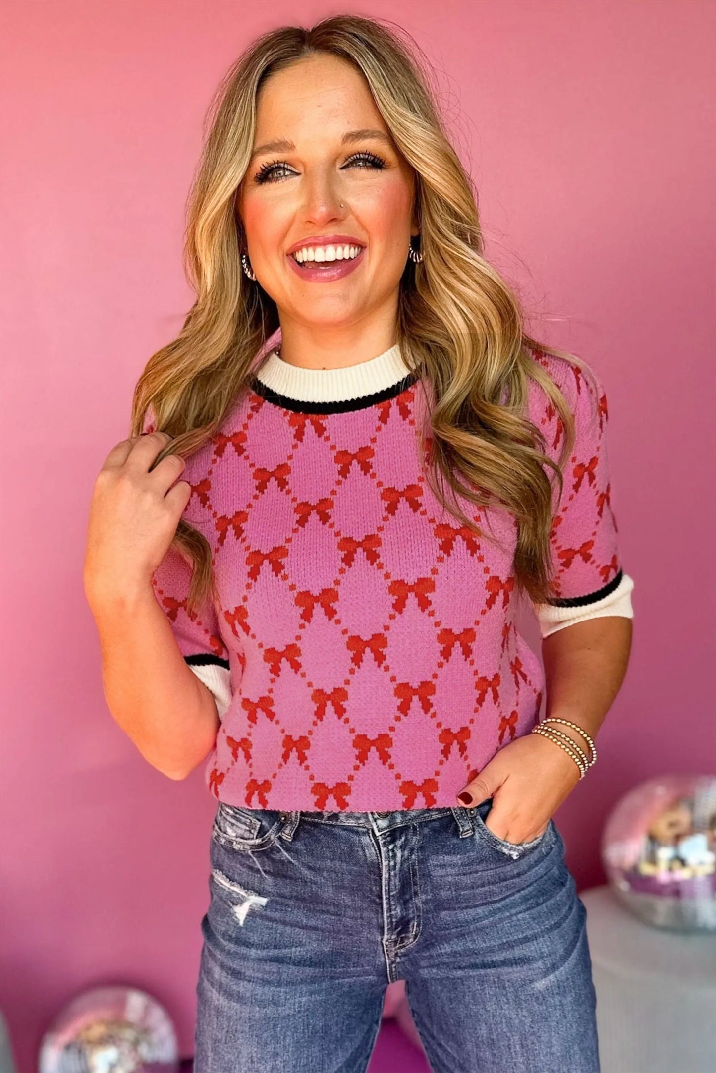 Pink Bow Print Short Sleeve Sweater top - Chic Meadow Boutique 