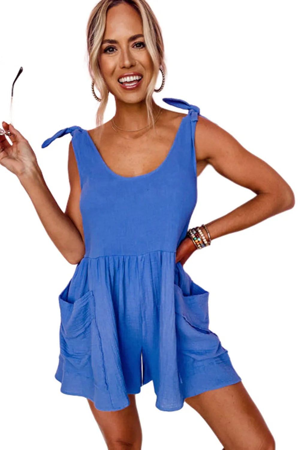 Blue Textured Knotted Straps High Waist Wide Leg Romper - Chic Meadow Boutique 