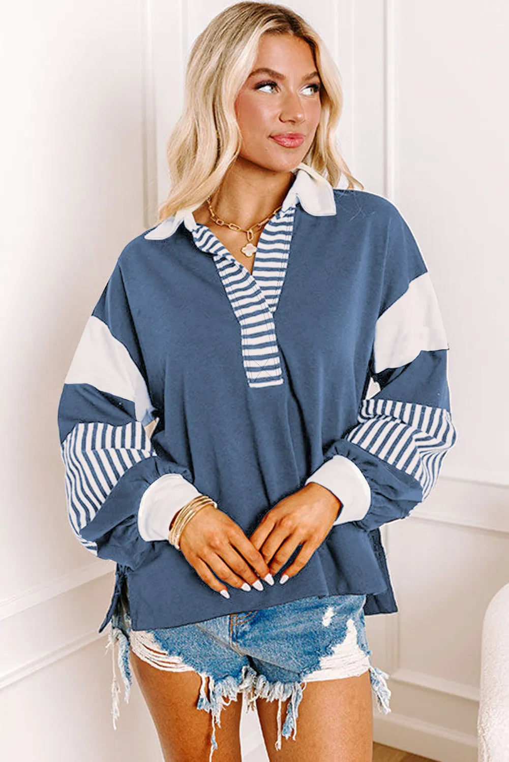 Sail Blue Striped Colorblock Patchwork Collar Sweatshirt - Chic Meadow Boutique 