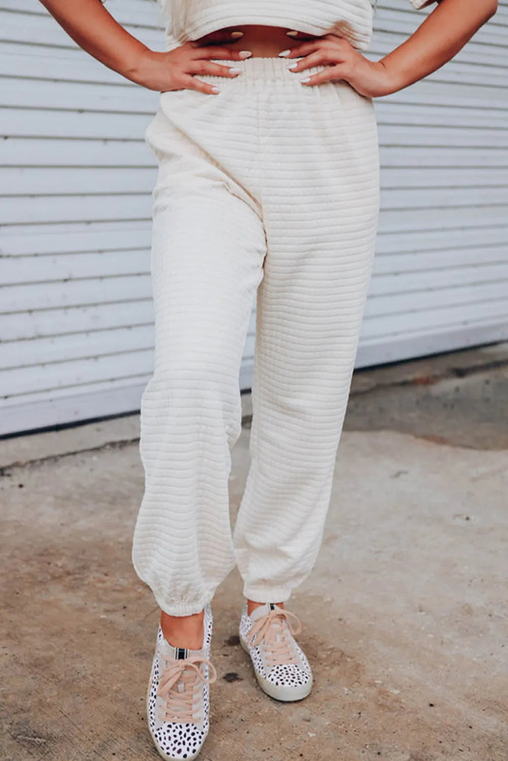 White Lattice Textured Cropped Tee and Jogger Pants Set - Chic Meadow Boutique 