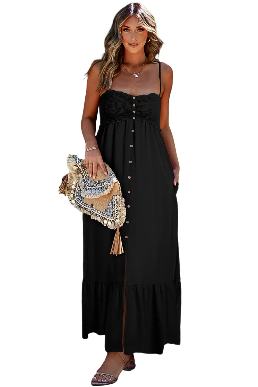 Black Spaghetti Straps Smocked Front Slit Buttoned Dress - Chic Meadow Boutique 