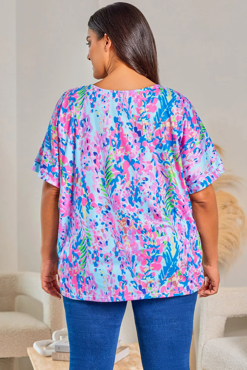 Sky Blue Plus Size Plant Print V Neck T-shirt - Chic Meadow Boutique 