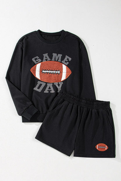 Black GAME DAY Rugby Football Graphic Pullover and Shorts Casual Outfit - Chic Meadow Boutique 