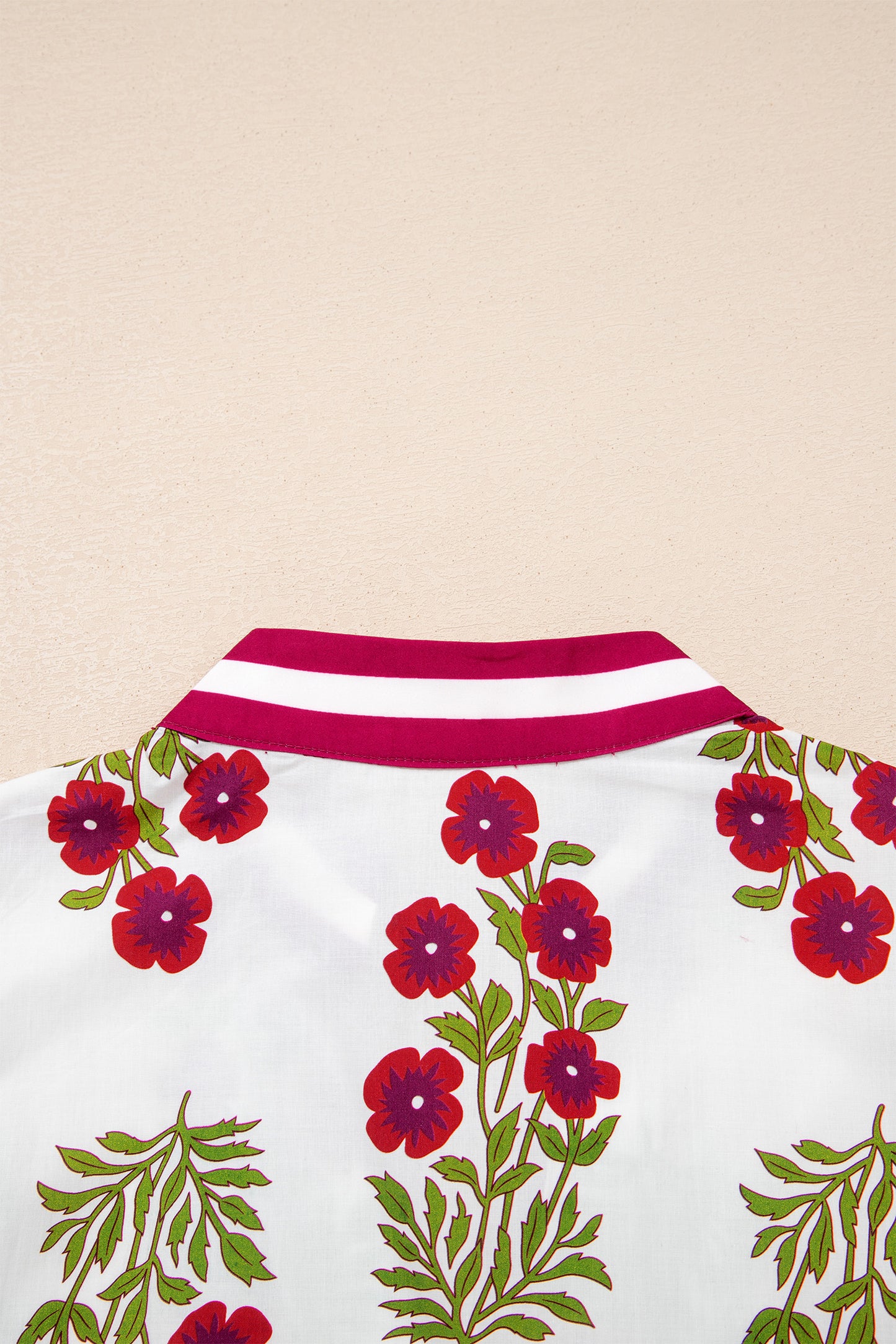 White Floral Short Bubble Sleeve Contrast Slit Neckline Blouse