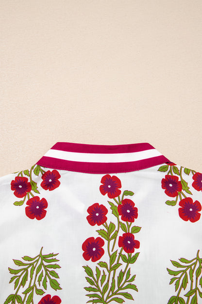 White Floral Short Bubble Sleeve Contrast Slit Neckline Blouse