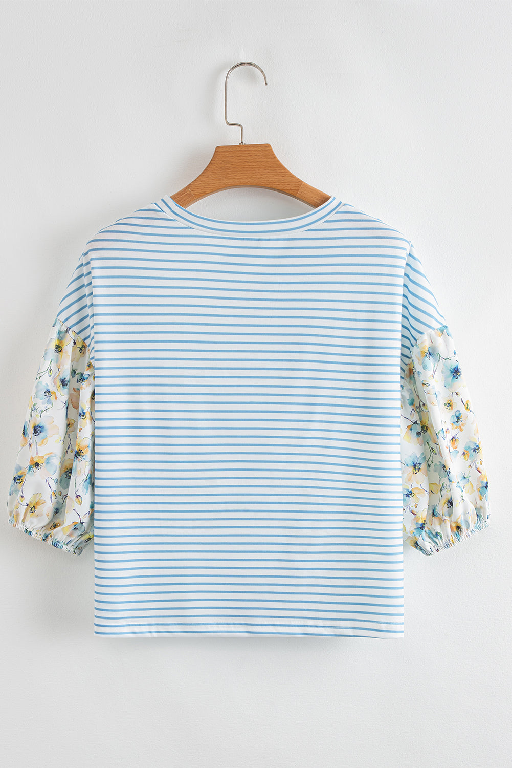 Sky Blue Stripe Floral Three Quarter Sleeves Patchwork Drop Shoulder Top