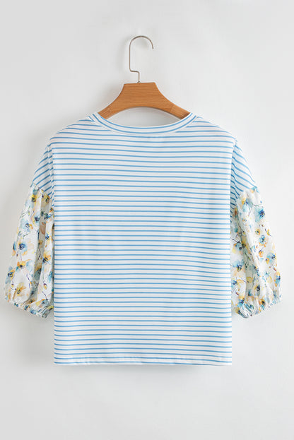 Sky Blue Stripe Floral Three Quarter Sleeves Patchwork Drop Shoulder Top