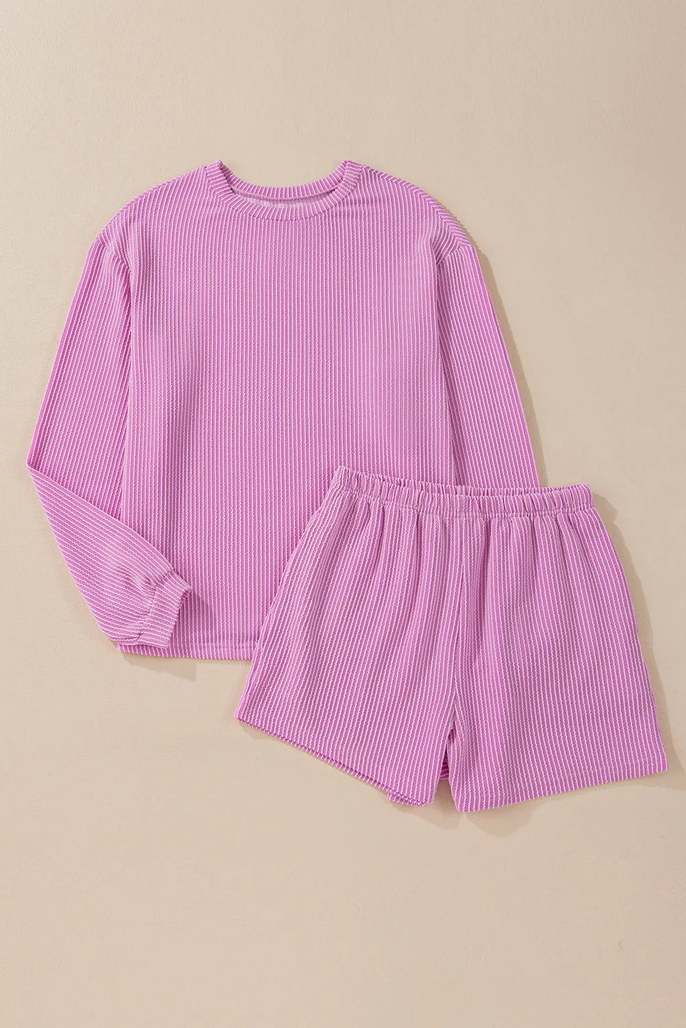 Phalaenopsis Corded Knit Long Sleeve Top and High Waist Shorts Set - Chic Meadow Boutique 