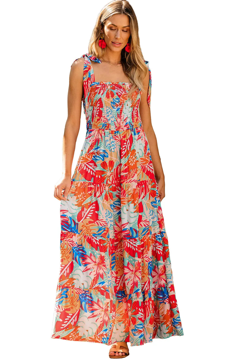 Multicolor Vibrant Tropical Print Smocked Ruffle Tiered Maxi Dress - Chic Meadow Boutique 