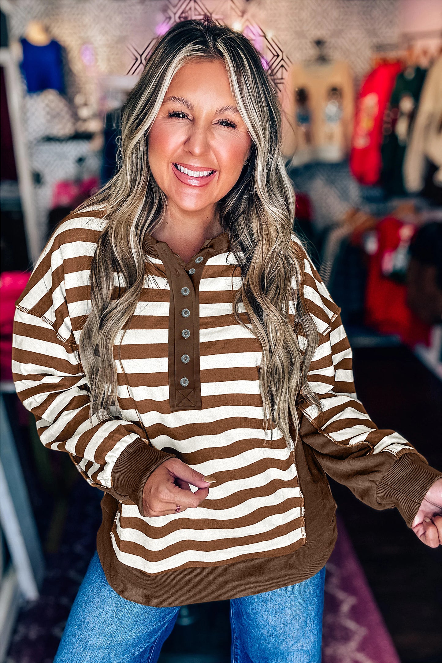 Brown Stripe Exposed Seam Color Block Patchwork Button Placket Sweatshirt