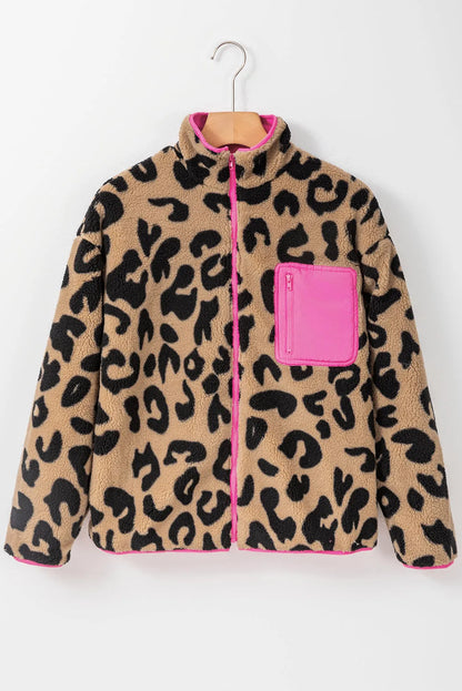 Leopard Colorblock Pocket Zipper Fuzzy Fleece Jacket - Chic Meadow Boutique 