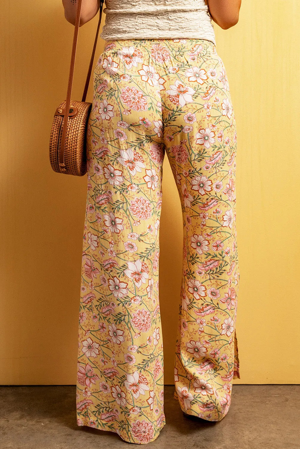 Yellow Floral Print High Slit Wide Leg Pants - Chic Meadow Boutique 