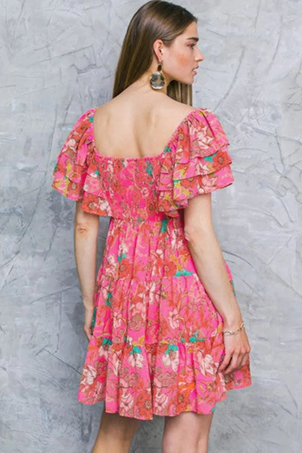 Pink Floral Square Neck Ruffle Sleeve Tiered Dress - Chic Meadow Boutique 