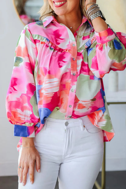 Multicolour Abstract Printed Lantern Sleeve Frilled Button Front Collared Shirt - Chic Meadow Boutique 