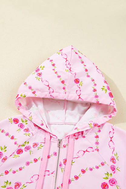 Pink Floral Print Half Zip Kangaroo Pouch Drawstring Hoodie