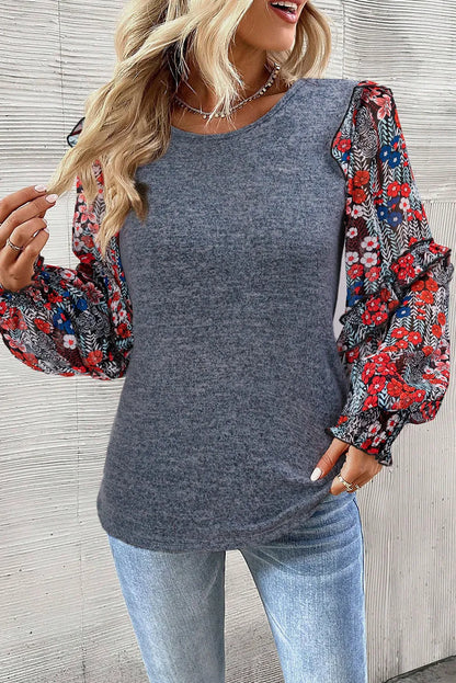 Blue Ruffle Tiered Floral Sleeve Crew Neck Blouse - Chic Meadow Boutique 