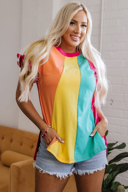 Rose Red Color Block Ruffled Crew Neck Loose Fit T Shirt