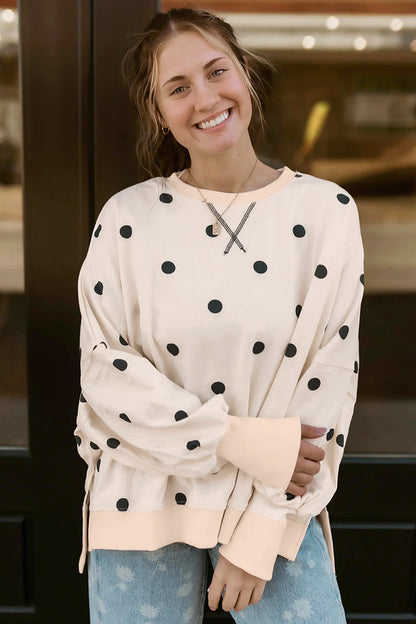 Beige Loose-fit Long Sleeve Round Neck Polka Dot Tunic Sweatshirt
