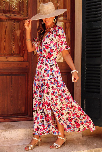 White Floral Print Short Sleeve Buttoned Split Maxi Dress - Chic Meadow Boutique 