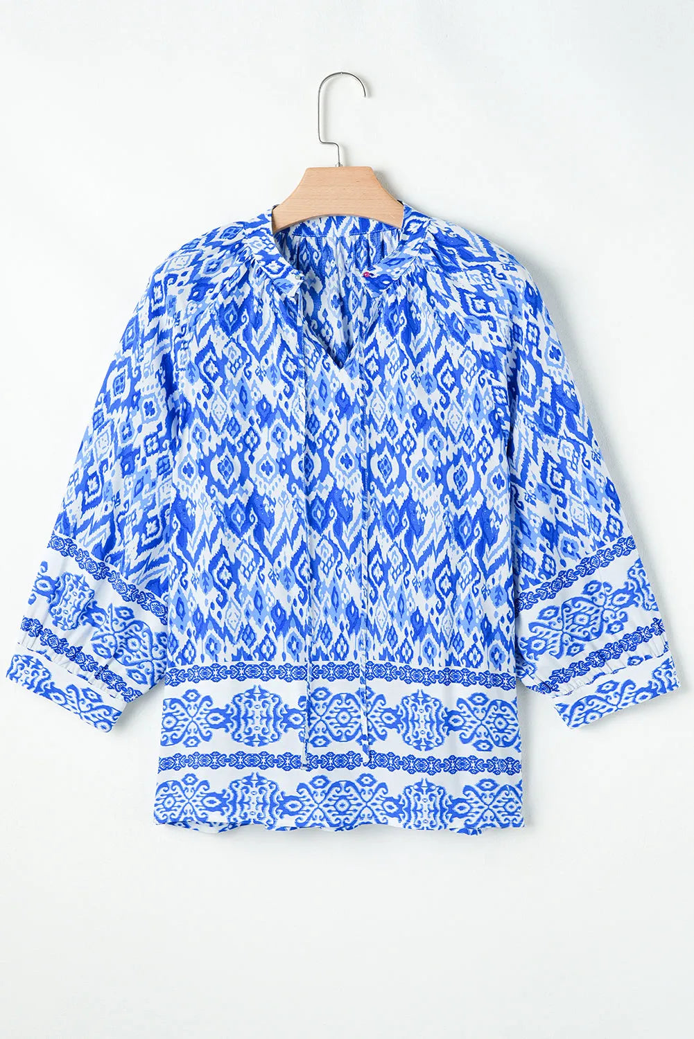 Blue Boho Printed 3/4 Sleeve Tied Neck Blouse - Chic Meadow Boutique 