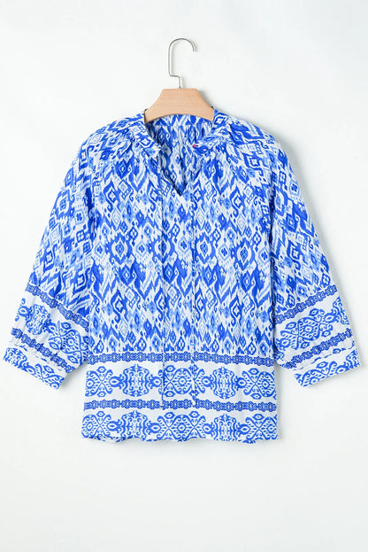 Blue Boho Printed 3/4 Sleeve Tied Neck Blouse - Chic Meadow Boutique 