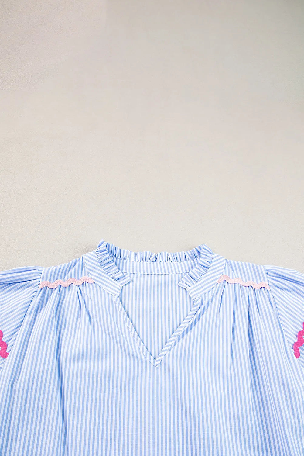 Sky Blue Stripe Ricrac Trim Split Neck Striped Ruffled Sleeve Blouse - Chic Meadow Boutique 