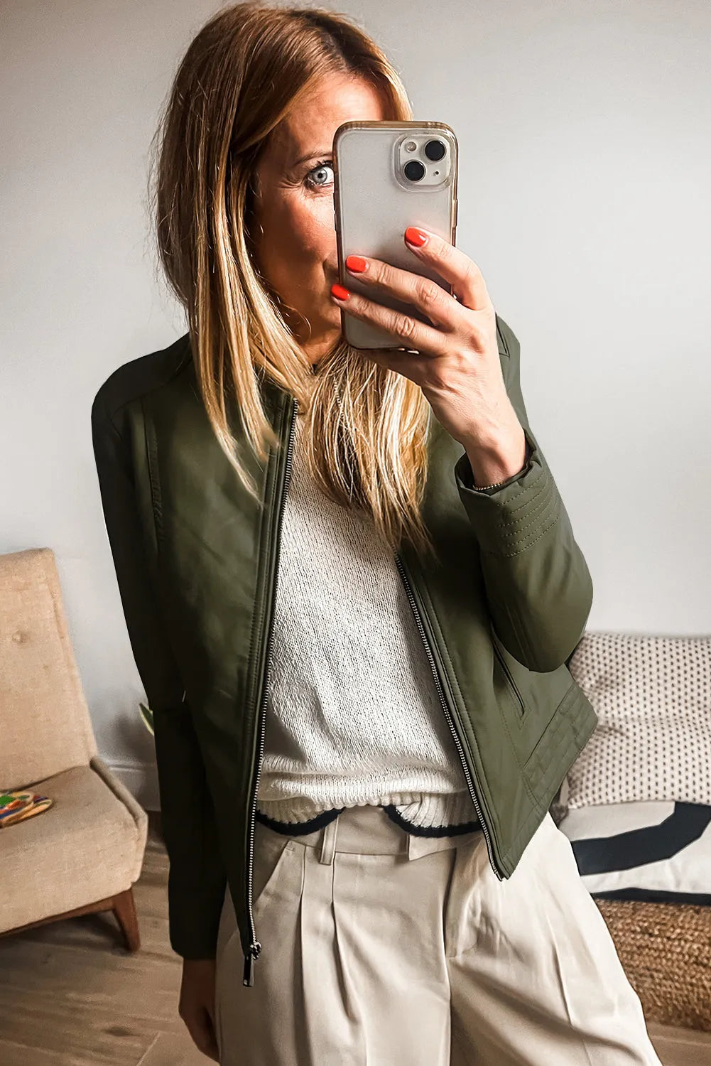 Sage Green Solid Faux Leather Zipper Slim Fit Bomber Jacket - Chic Meadow Boutique 