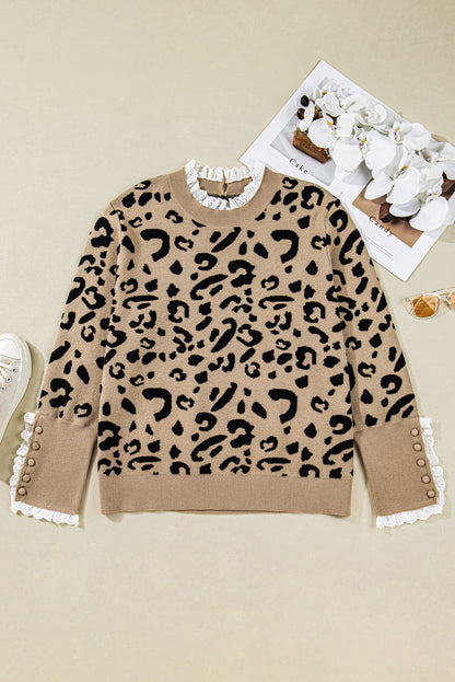 Brown Leopard Knitted Lacy Trim Cuffed Plus Size Sweater