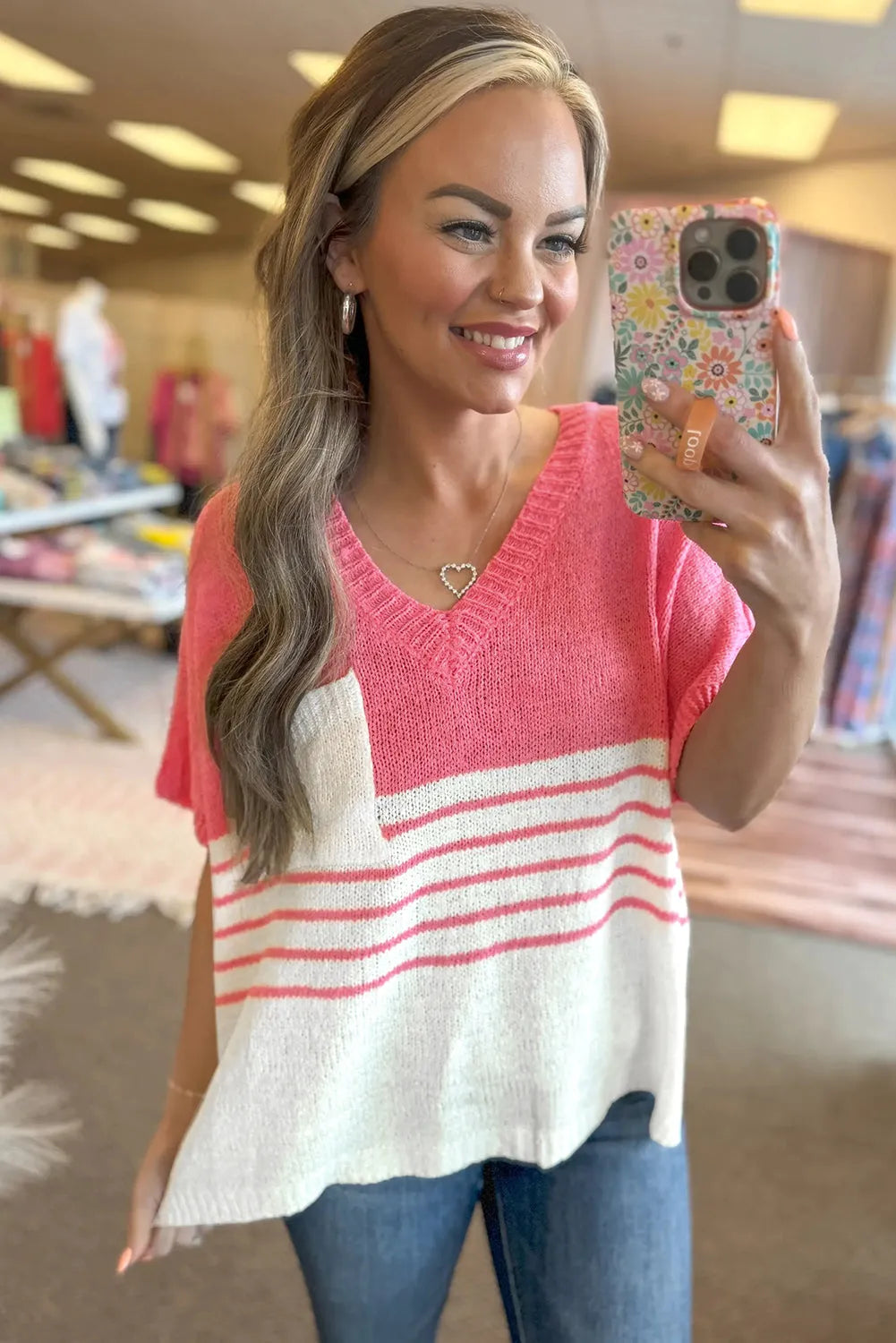 Strawberry Pink Contrast Stripes V Neck Knitted Short Sleeve Top - Chic Meadow Boutique 