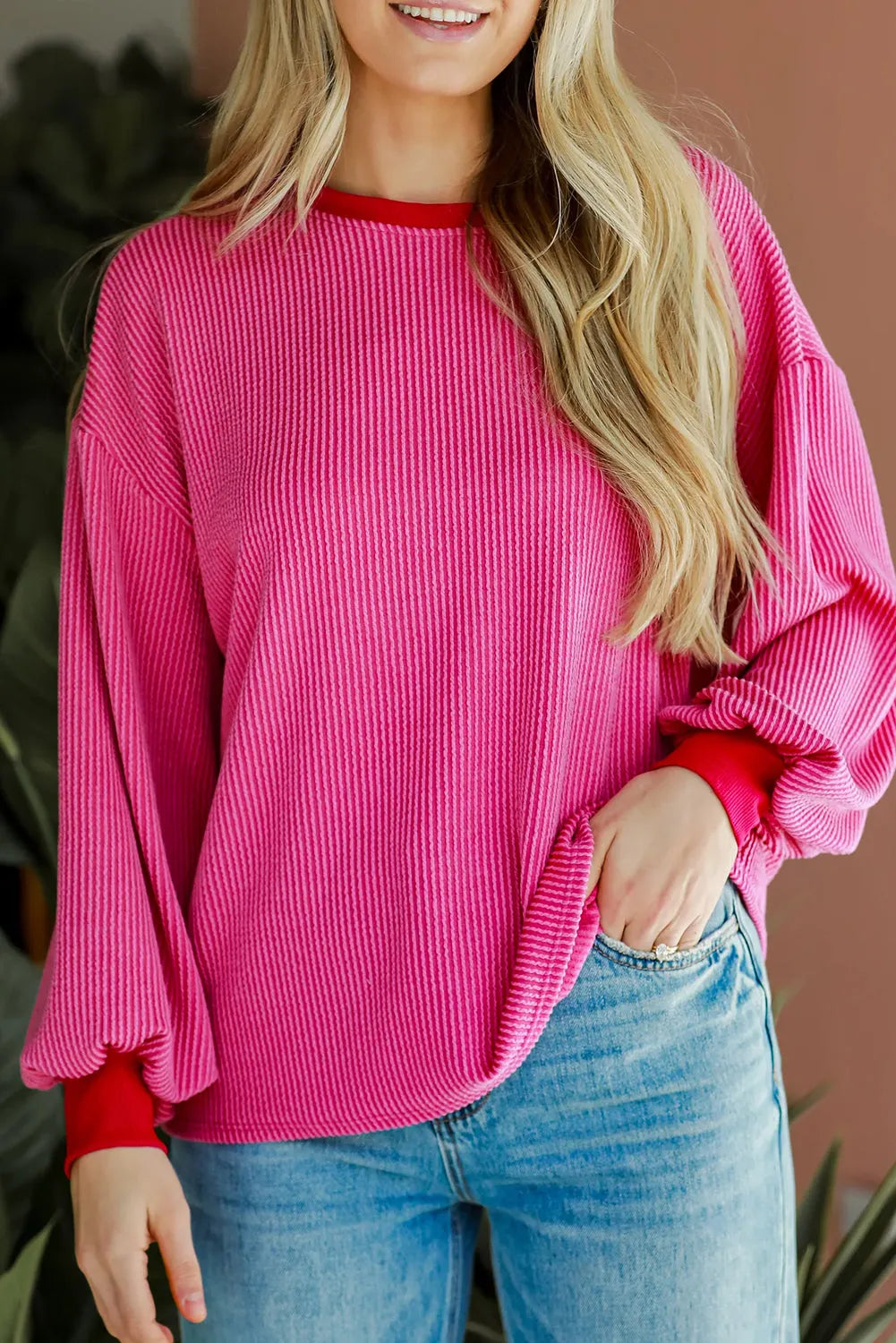 Bright Pink Corded Contrast Edge Drop Shoulder Long Sleeve Top - Chic Meadow Boutique 