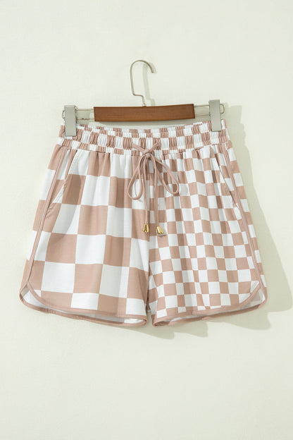 Khaki Double Checkered Print Beaded Drawstring Casual Shorts