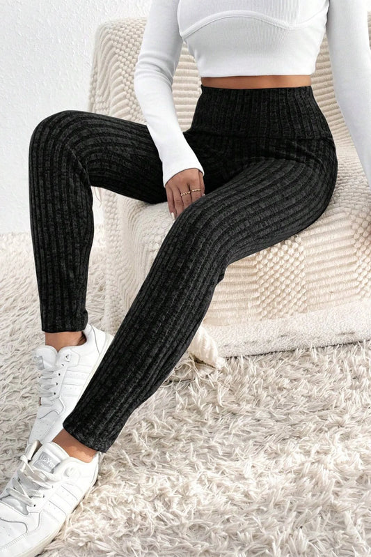 Black Wide Waistband Ribbed Textured Knit Leggings - Chic Meadow Boutique 