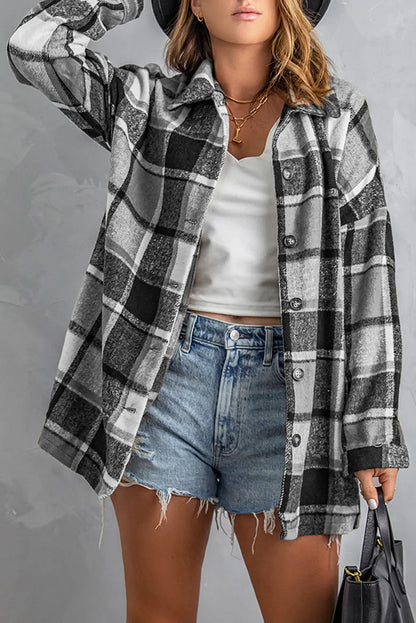 Gray Plaid Print Buttoned Shirt Jacket - Chic Meadow Boutique 