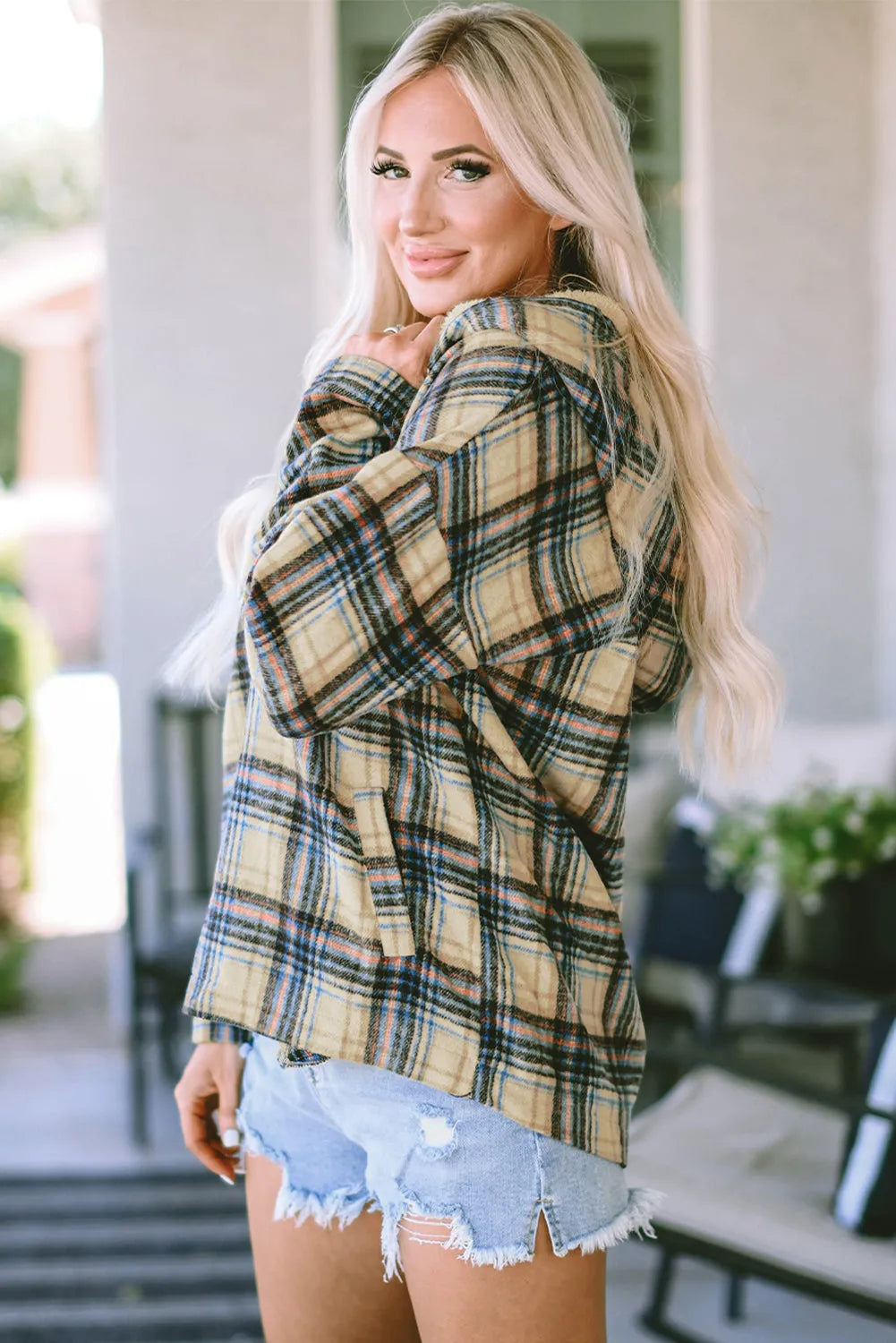 Khaki Plaid Button Neck Pocketed Pullover Hoodie - Chic Meadow Boutique 