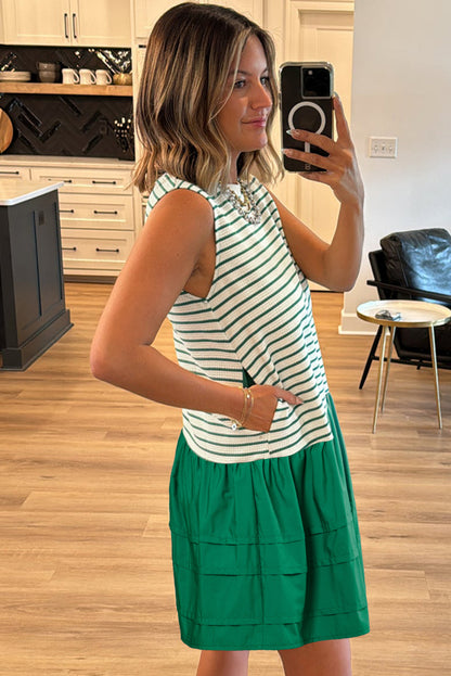 Green Stripe Woven Ruffled Sleeveless Mini Dress