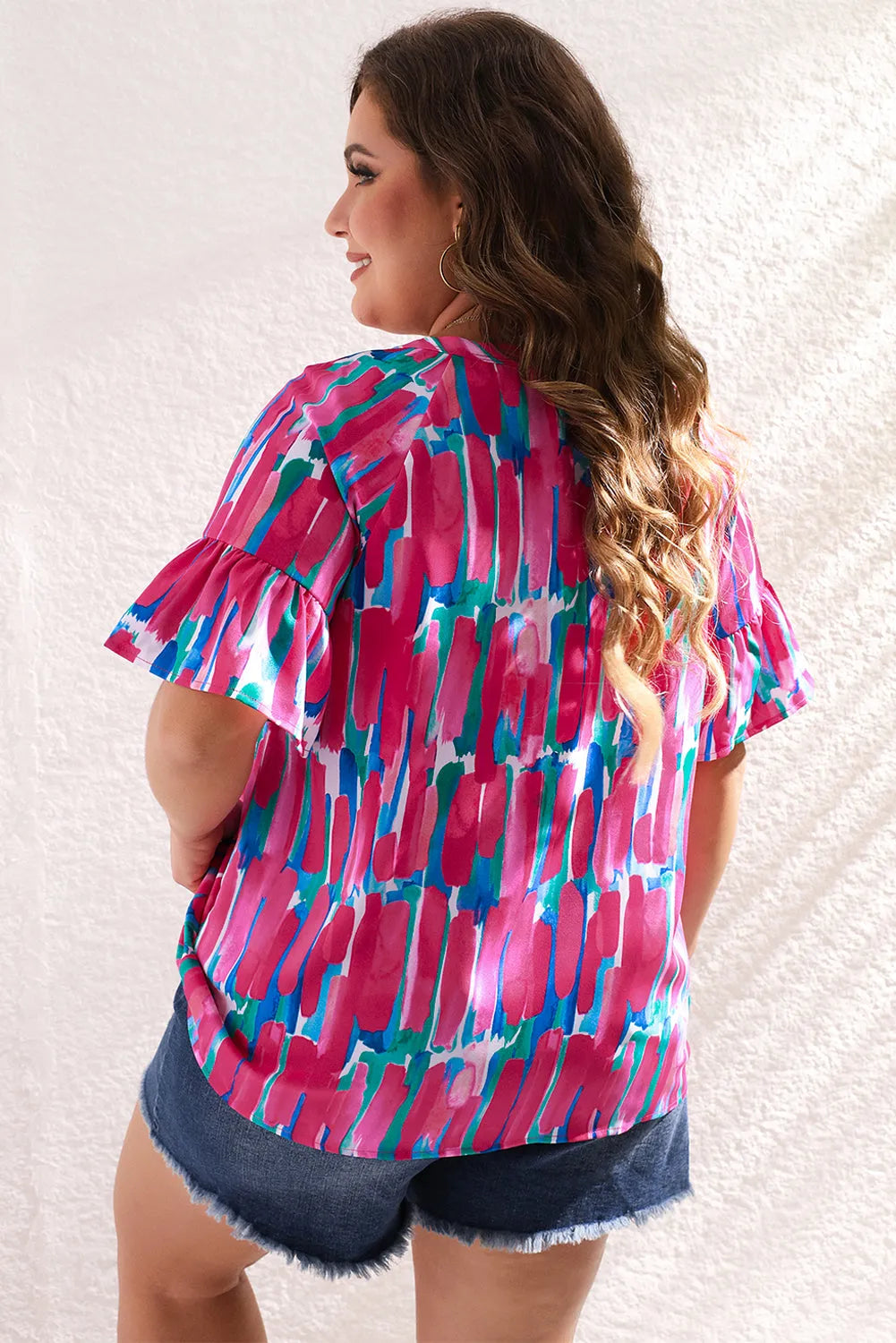 Rose Plus Brushstroke Ruffle Sleeve Button V Neck Blouse - Chic Meadow Boutique 