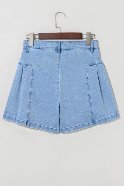 Dusk Blue Pleated Patchwork Wide Leg Lightweight Denim Shorts