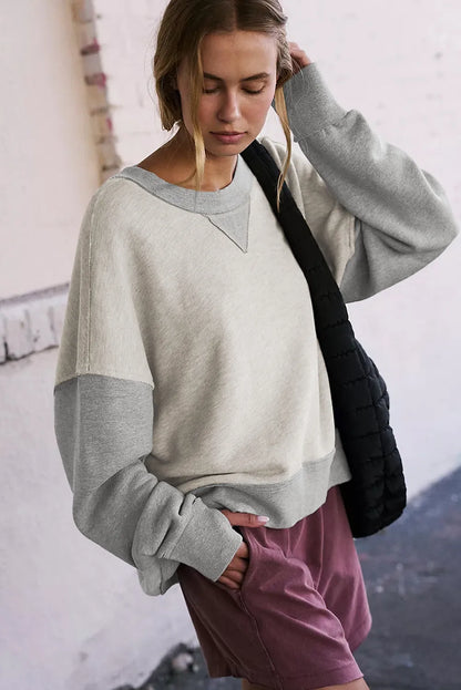 Light Grey Color Block Thumbhole Sleeve Drop Shoulder Sweatshirt - Chic Meadow Boutique 