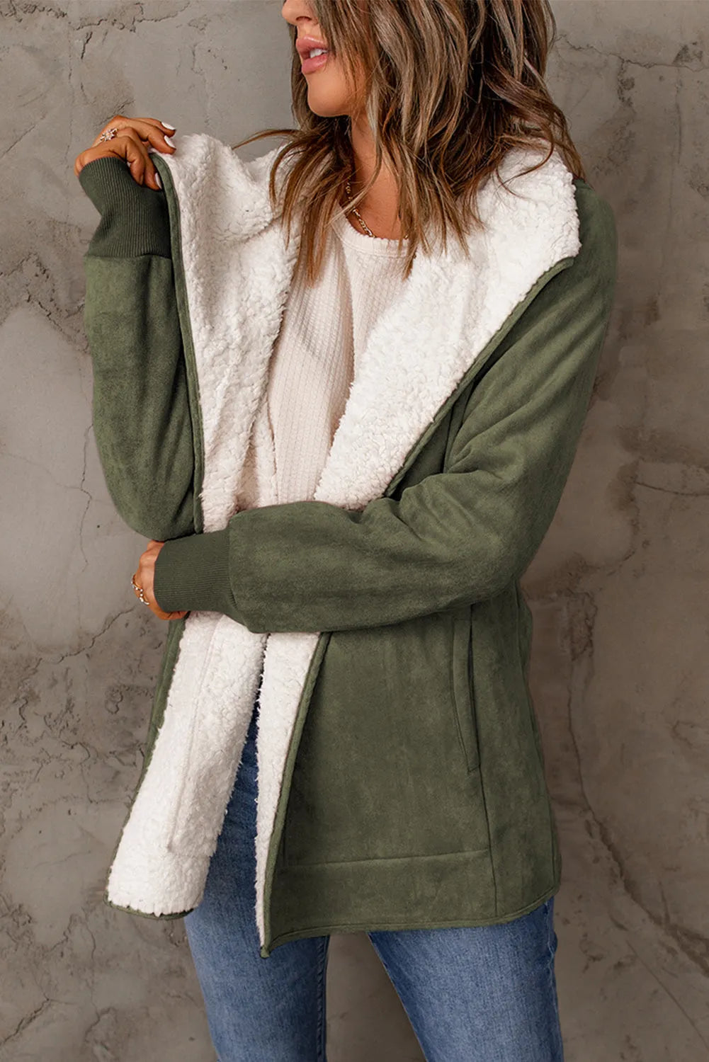 Green Faux Suede Fleece Lined Open Front Jacket - Chic Meadow Boutique 