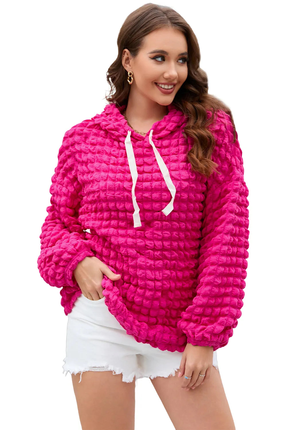 Rose Bubble Textured Waffle Hoodie - Chic Meadow Boutique 