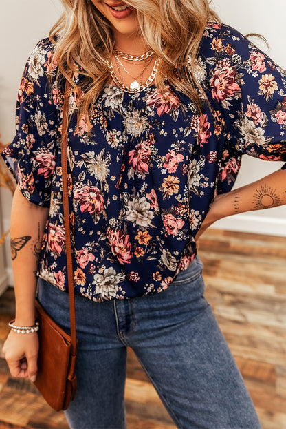 Blue Floral Short Sleeve Scoop Neck Casual Blouse