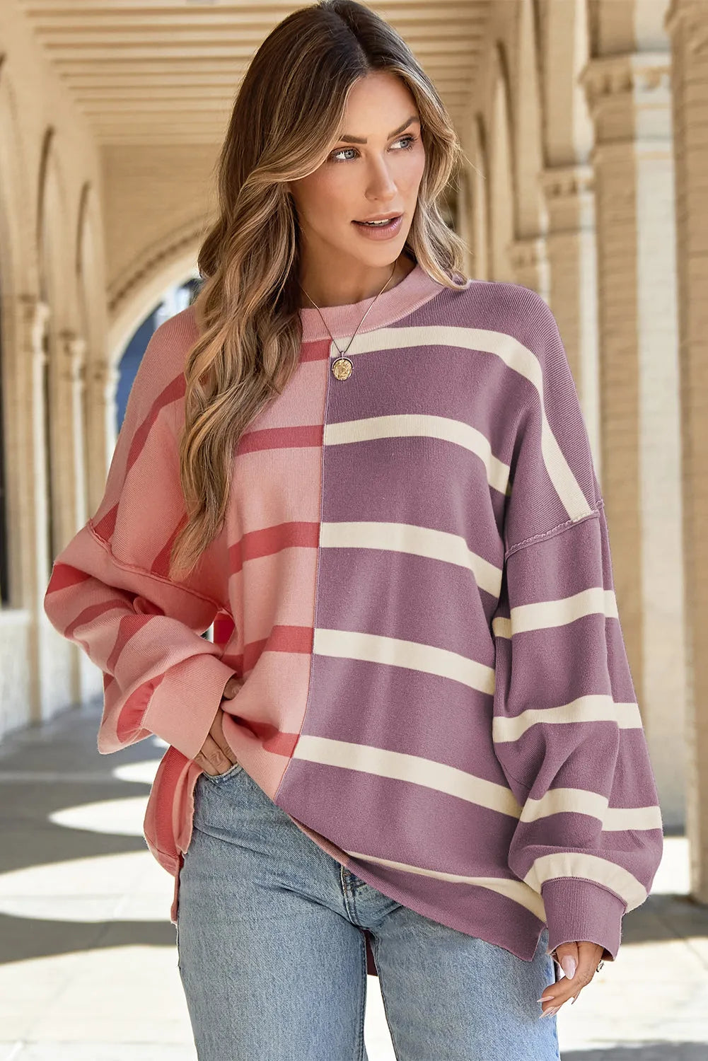 Pink Stripe Colorblock Oversized Sweater - Chic Meadow Boutique 