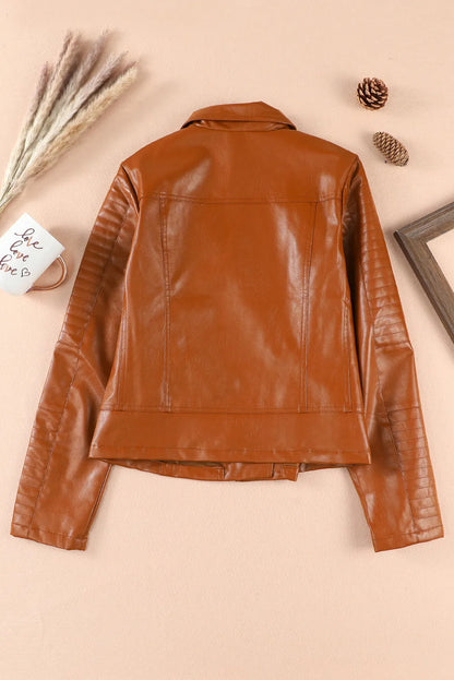 Brown Ribbed Seam Detail Faux Leather Zipped Motorcycle Jacket - Chic Meadow Boutique 