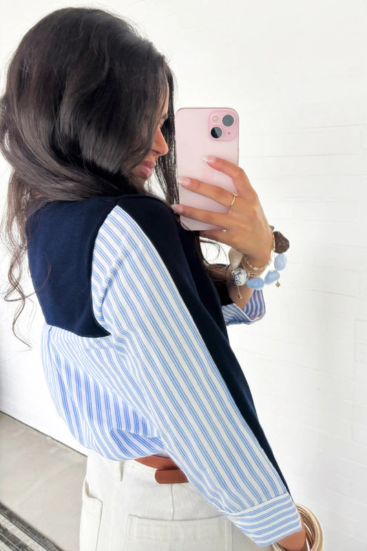 Navy Blue Drop Shoulder Long Sleeve Striped Pullover Sweater
