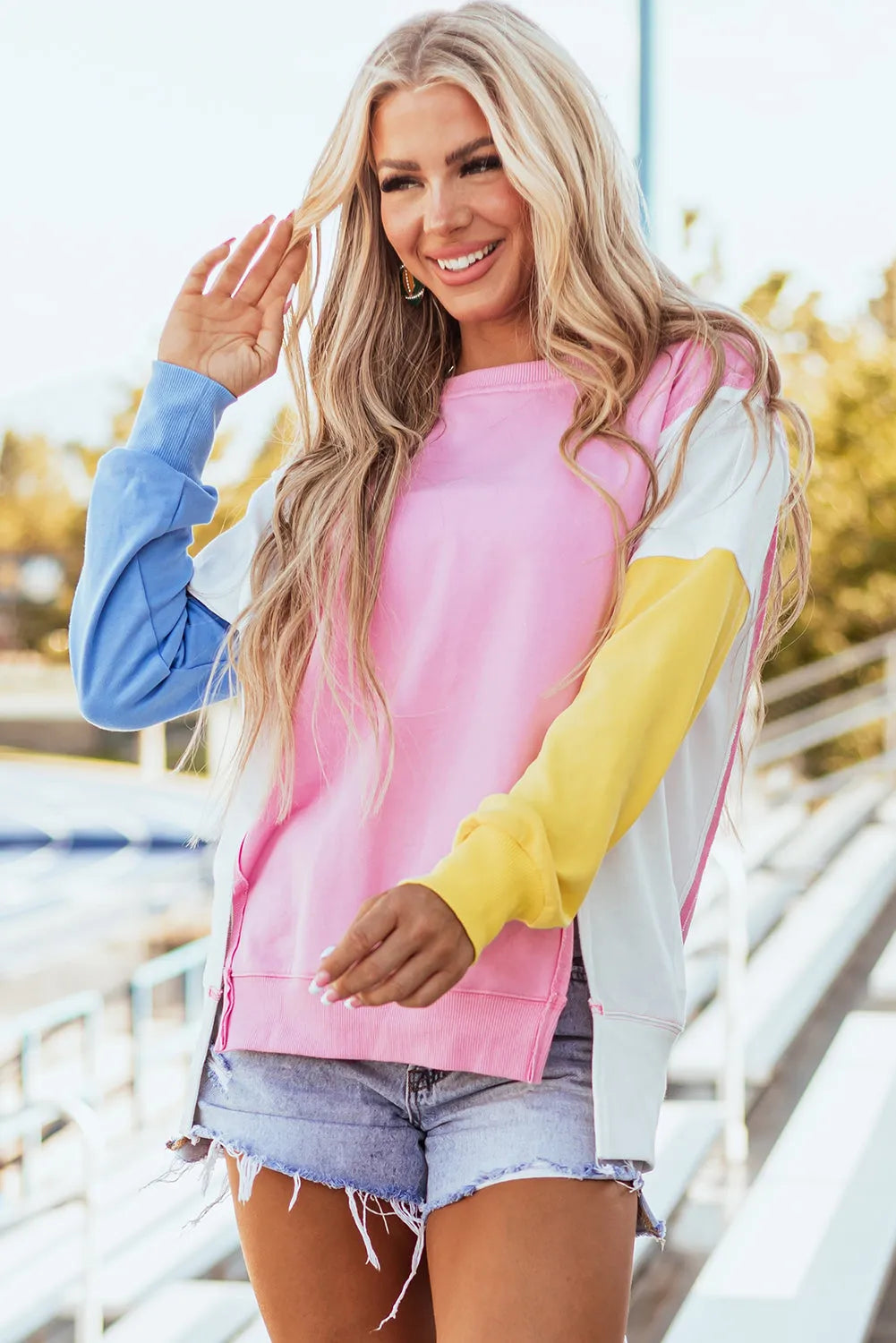 Bonbon Color Block Exposed Seam Side Slits Crewneck Sweatshirt - Chic Meadow Boutique 