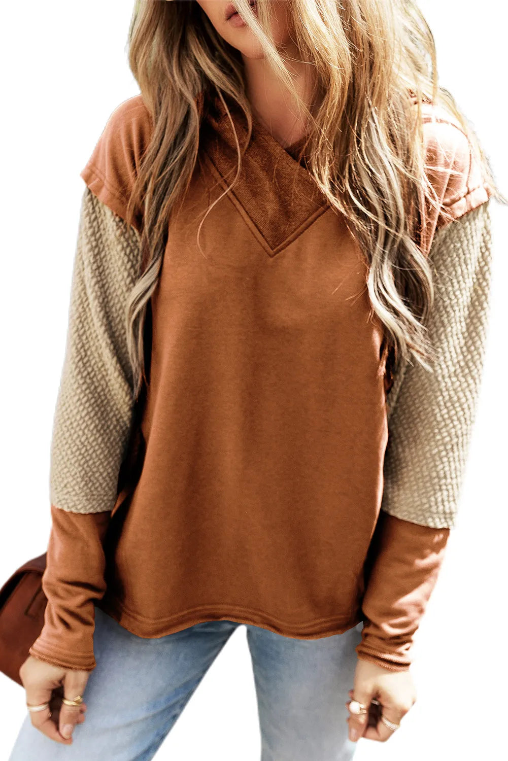 Chestnut Contrast Sleeves Patchwork Colorblock Hoodie - Chic Meadow Boutique 