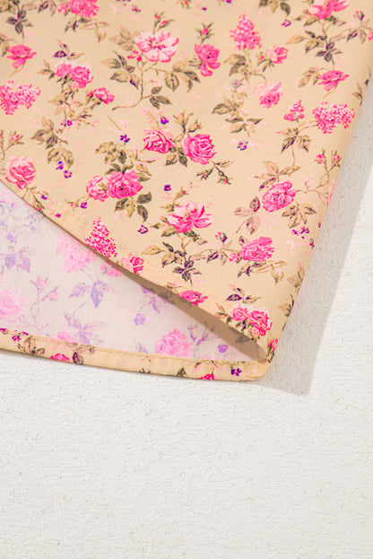 Light French Beige Floral Print Bow Pintuck Bust Half Puff Sleeve Blouse Top