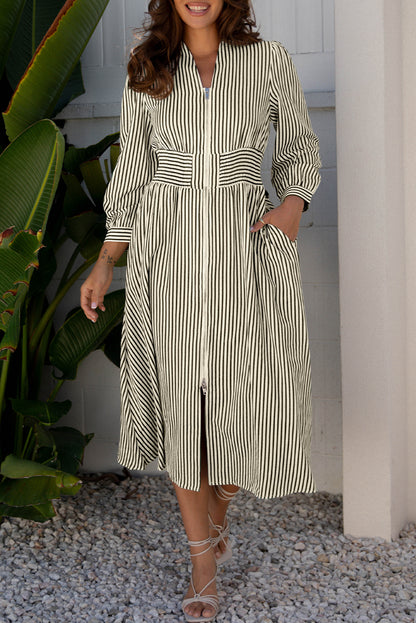 Black Stripe V Neck Zip Front Cinched High Waist Midi Dress